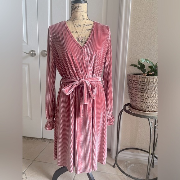 Pink Velvet Dress Belted Dress size Medium - Picture 4 of 7